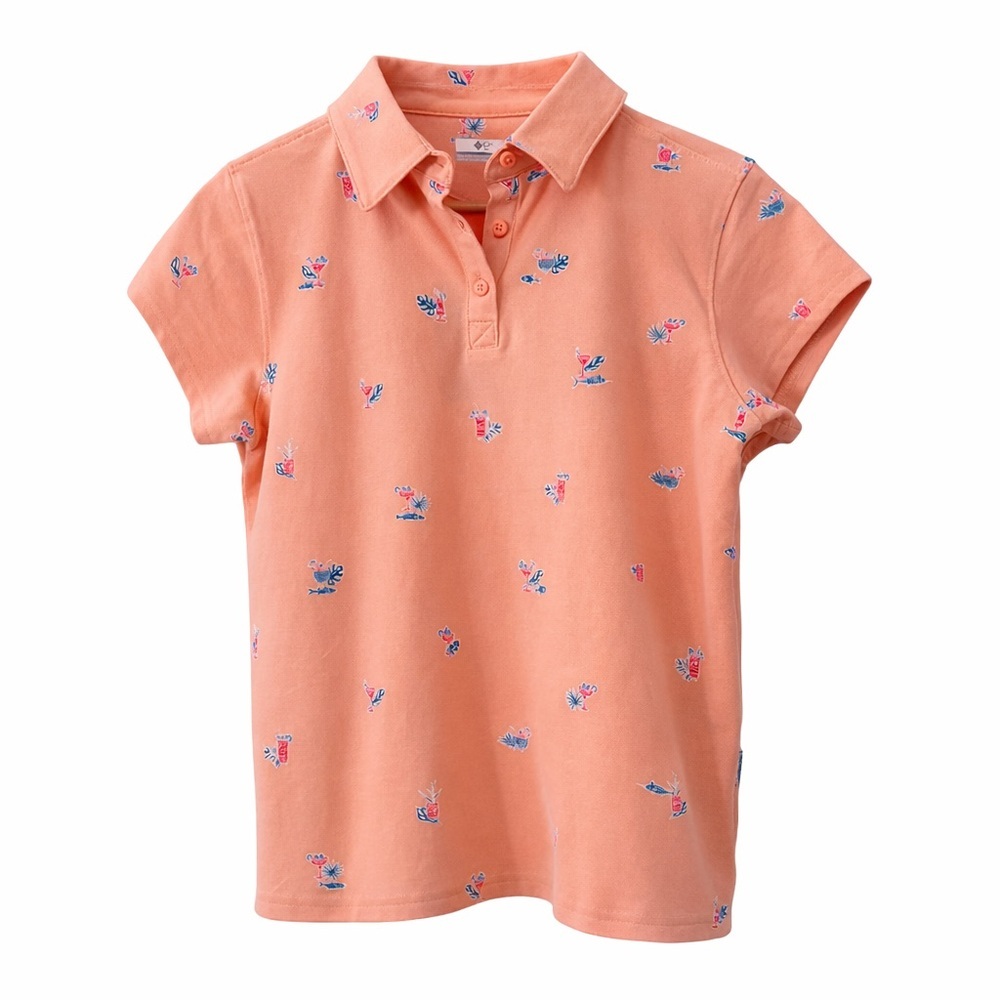 Columbia PFG South Sand Point Peach Print Polo Shirt Size Small Fish & Cocktails